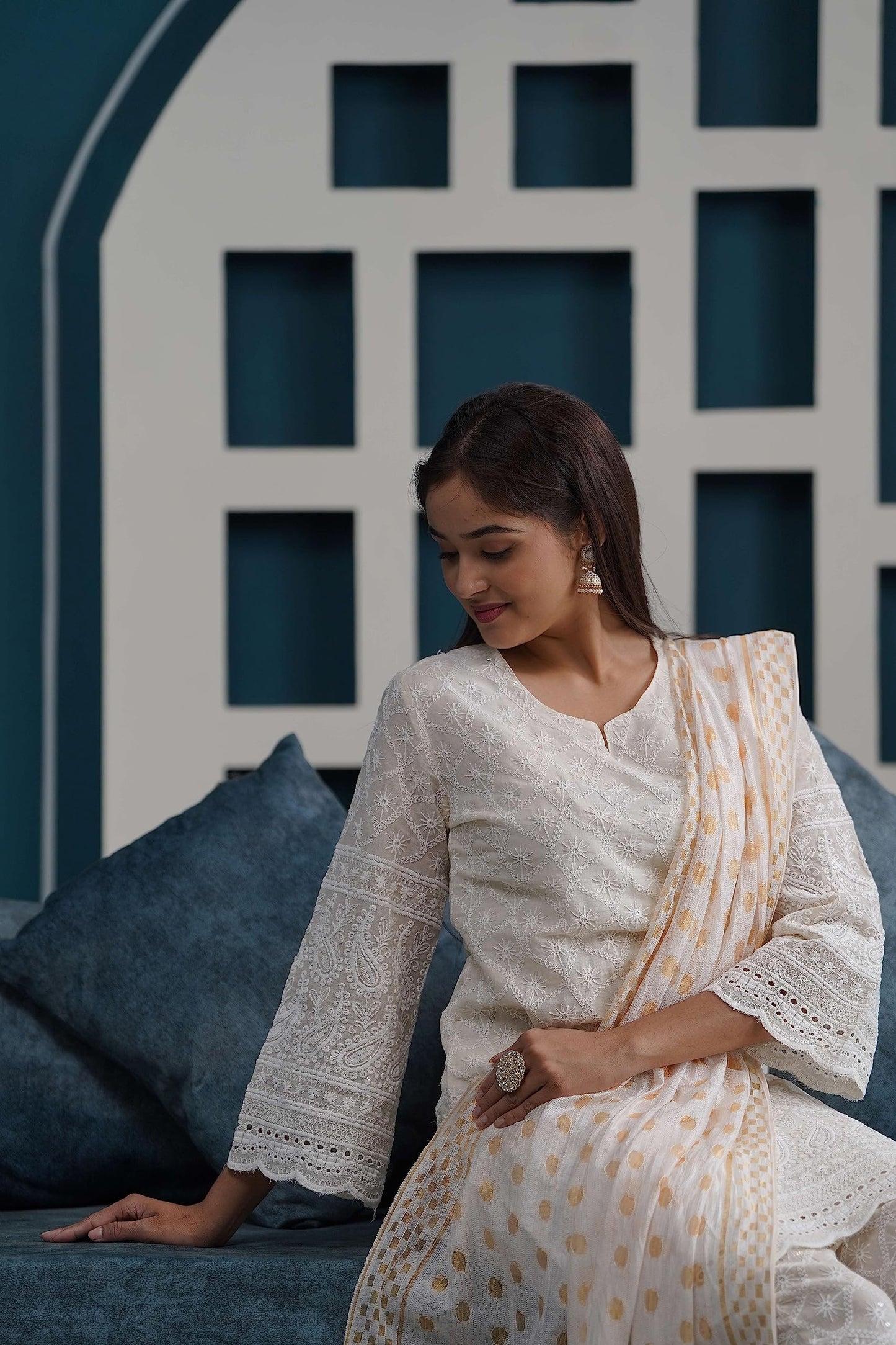 Chikankari Kurtis Set Cream White Kurti Pant & White Color Dupatta Set