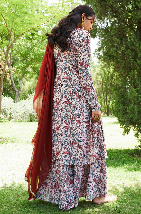 Beige Flowy Digital Print Kurti