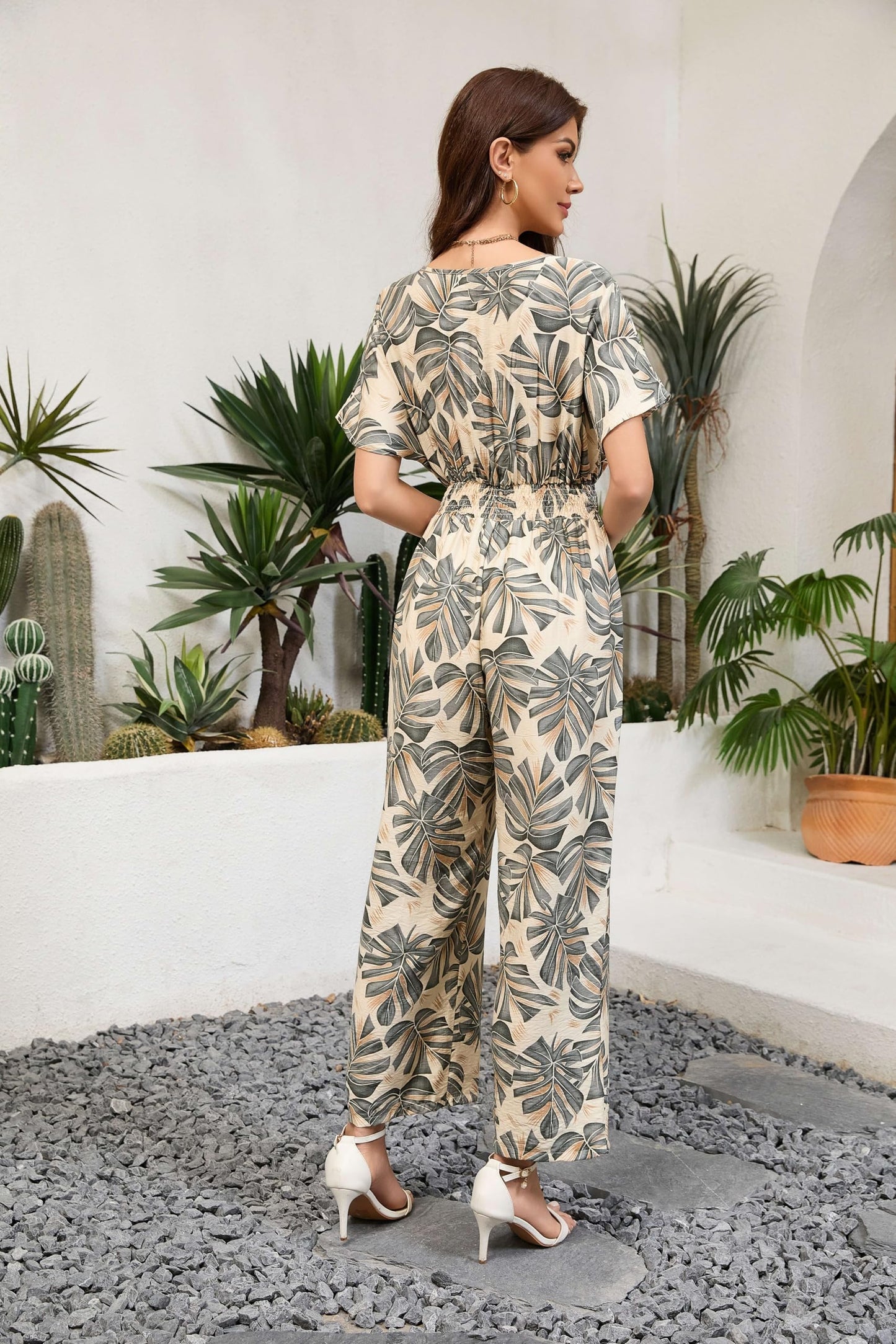Floral Jumpsuit Jumpsuit Floating Short Sleeve V-Neck Elasticized Drawstring Jumpsuit with Pockets
