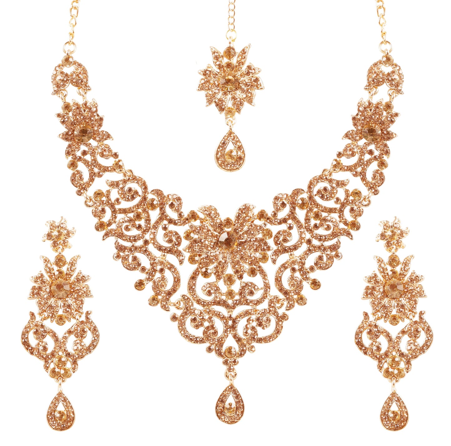 Sparkling Austrian Diamonds Alloy Metal Necklace Set with Maangtika for Women