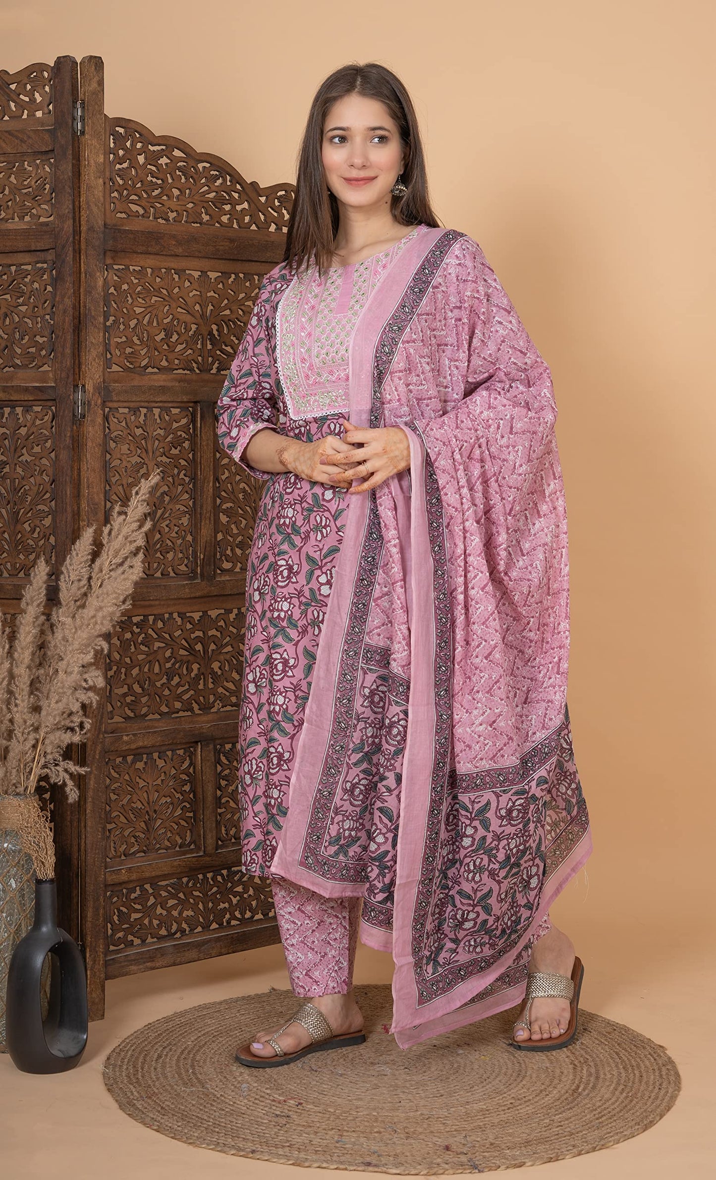 Cotton Printed Dark Printed Straight Embroidery Kurta With Palazzo & Dupatta