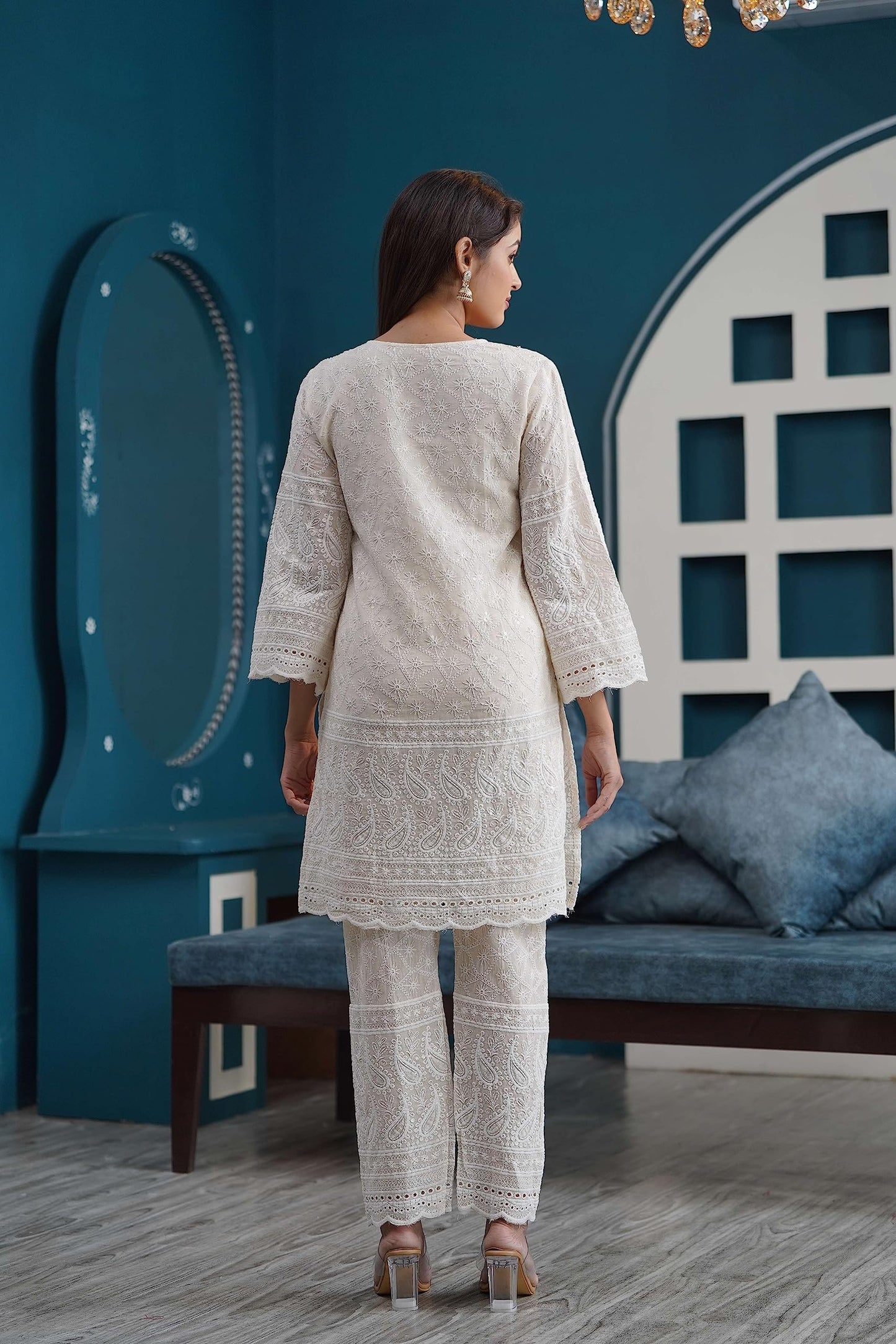 Chikankari Kurtis Set Cream White Kurti Pant & White Color Dupatta Set
