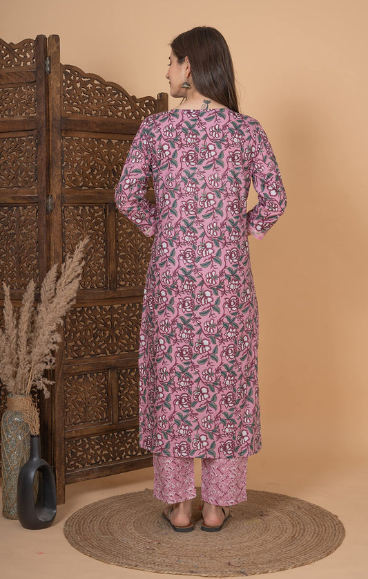 Cotton Printed Dark Printed Straight Embroidery Kurta With Palazzo & Dupatta