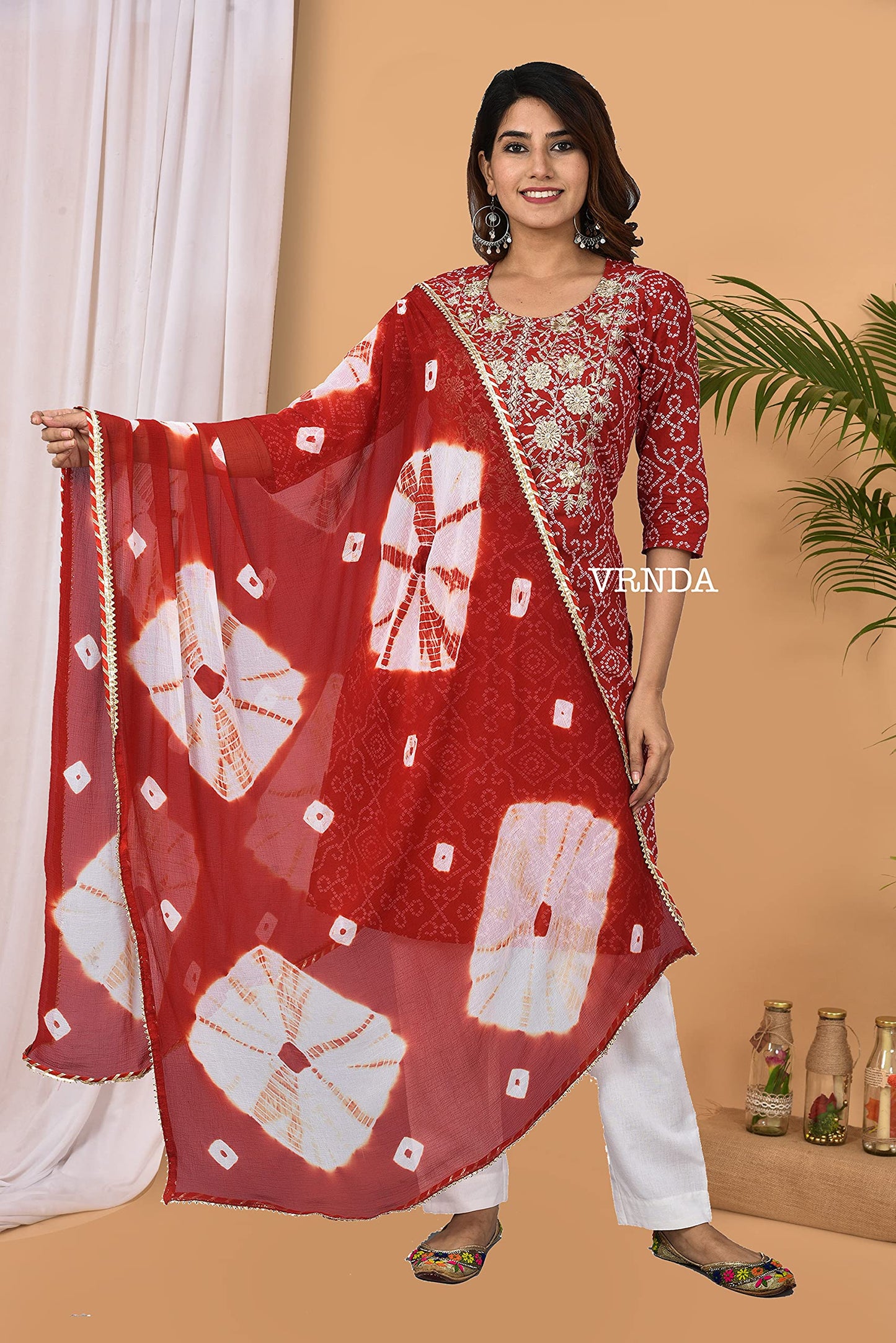 Straight Kurta Set Yoke Embroidery Red Kurti With White Pant and Chiffon Dupatta