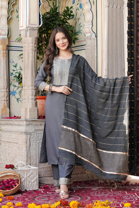 Solid Grey Rayon Kurti-Pajama – Straight Cut with Matching Dupatta