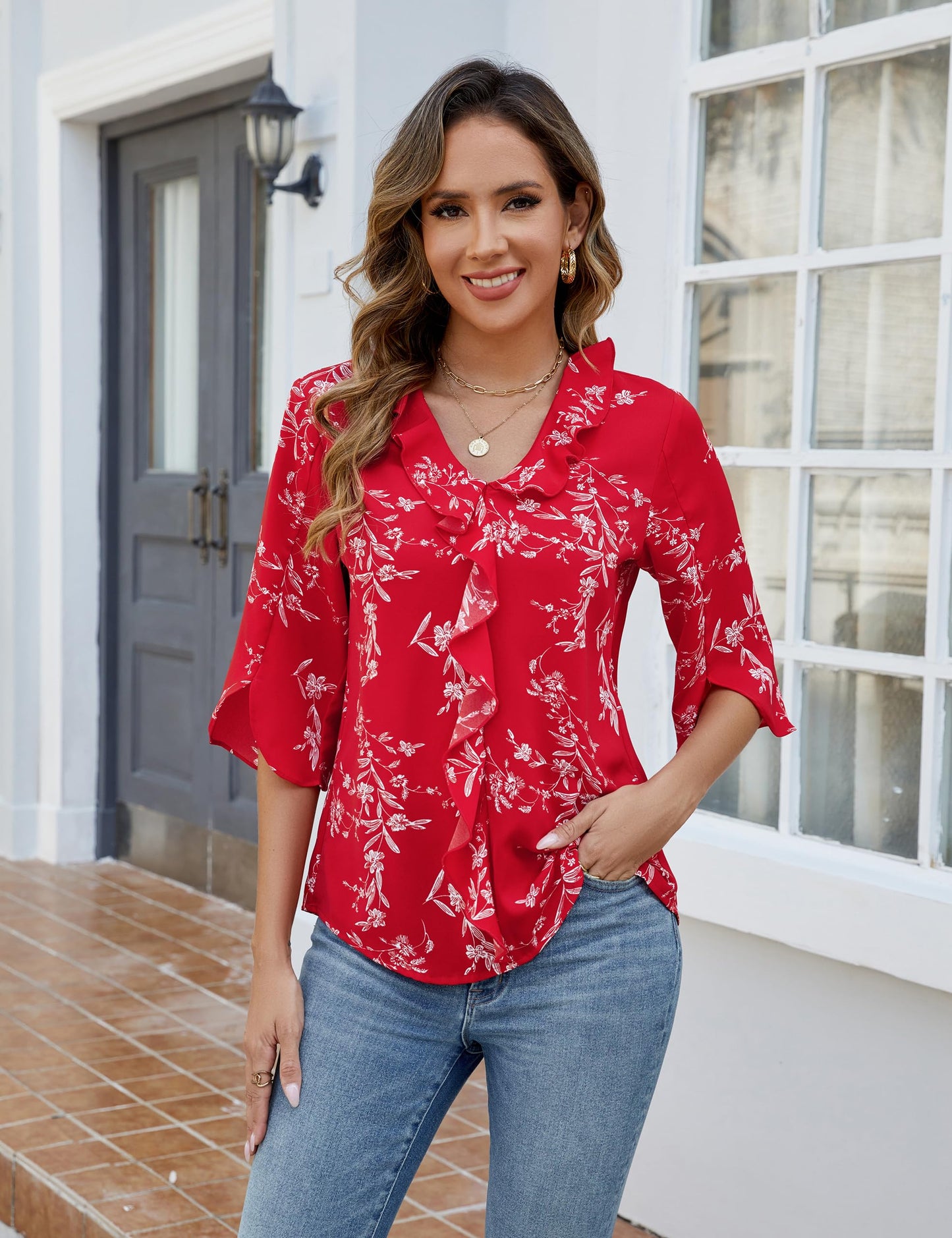 Blooming Jelly Dressy Casual  3/4 Sleeve V Neck Ruffle Tops