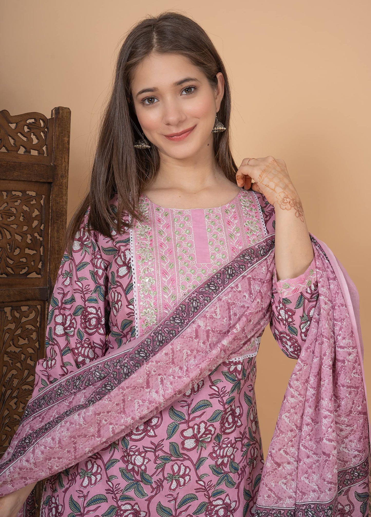 Cotton Printed Dark Printed Straight Embroidery Kurta With Palazzo & Dupatta