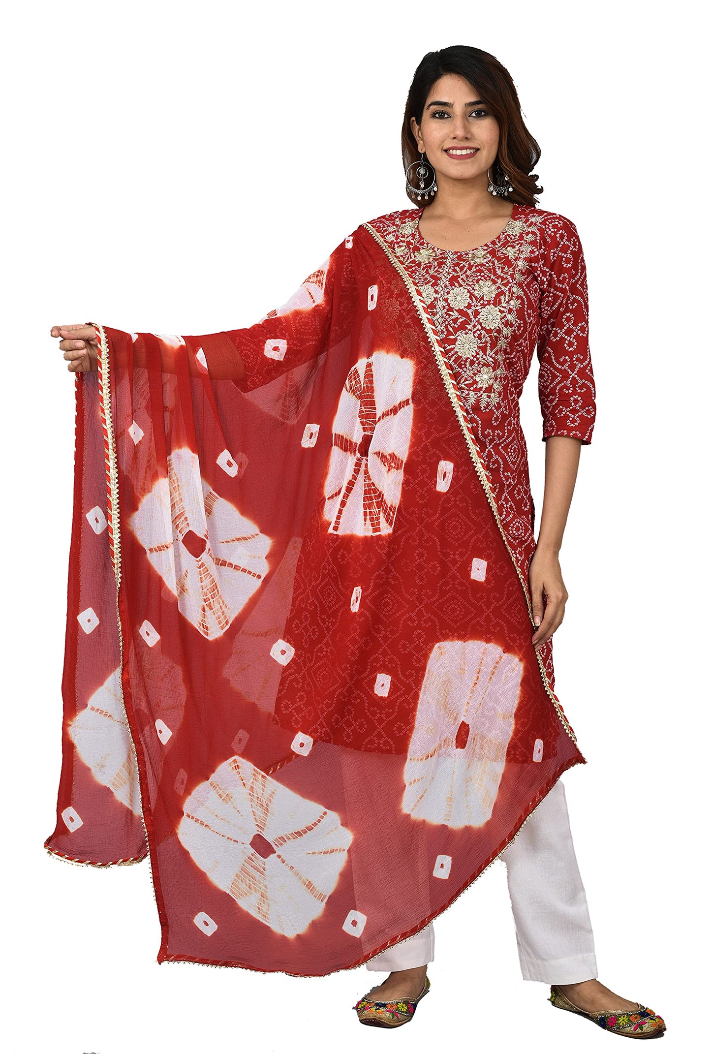 Straight Kurta Set Yoke Embroidery Red Kurti With White Pant and Chiffon Dupatta