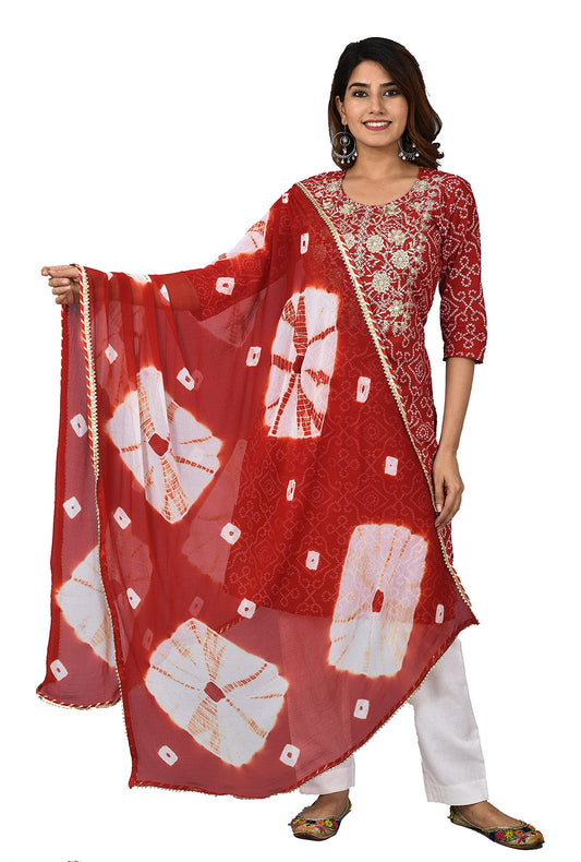 Straight Kurta Set Yoke Embroidery Red Kurti With White Pant and Chiffon Dupatta