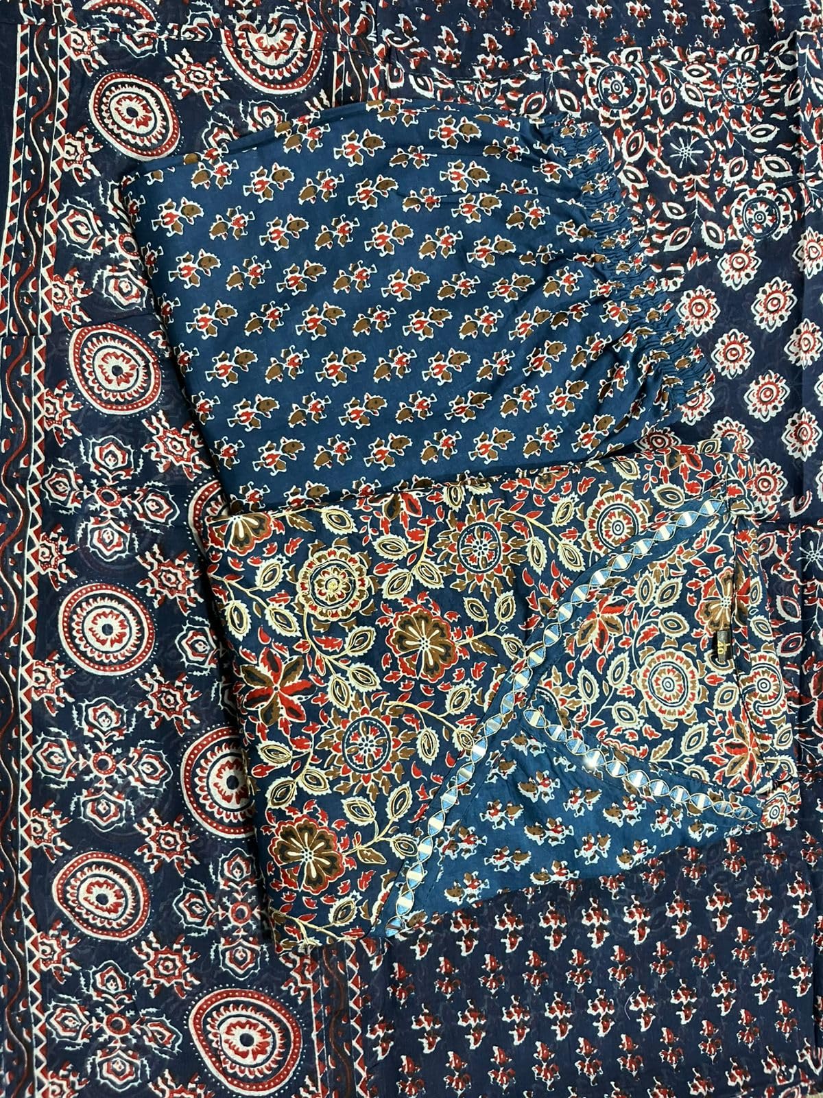 Blue Cotton Printed V-Neck Anarkali Kurti Pant Set with Dupatta
