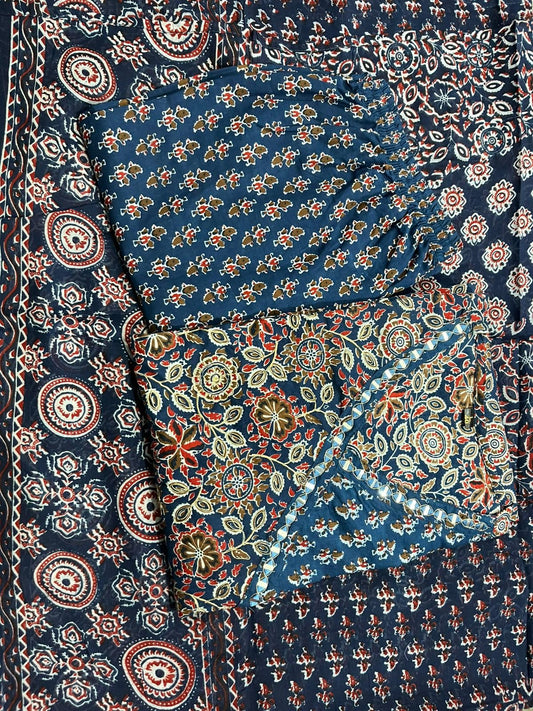 Blue Cotton Printed V-Neck Anarkali Kurti Pant Set with Dupatta