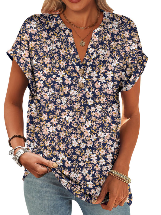 Short Sleeve Henley Tops V Neck Dressy Casual Loose Fit