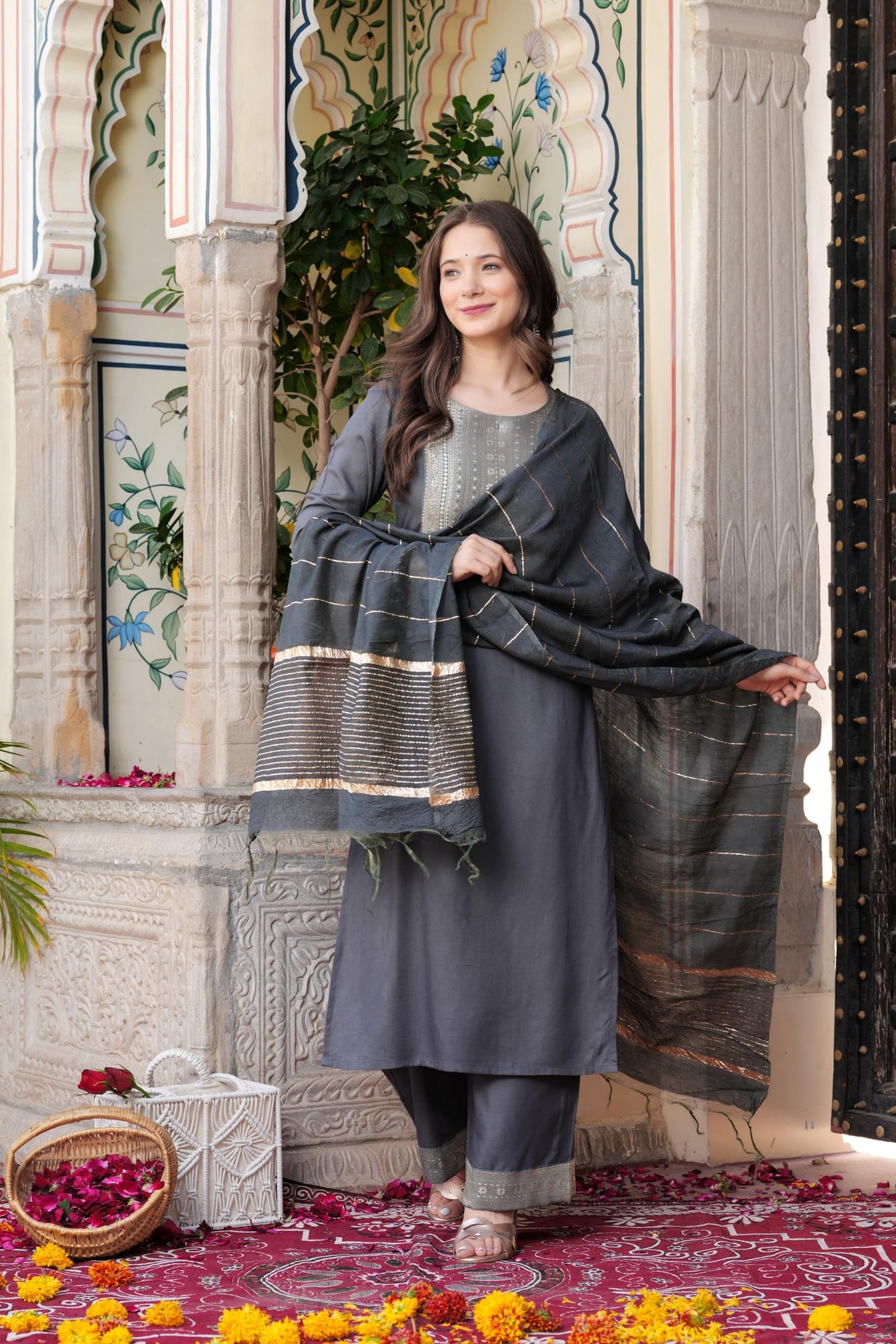 Solid Grey Rayon Kurti-Pajama – Straight Cut with Matching Dupatta