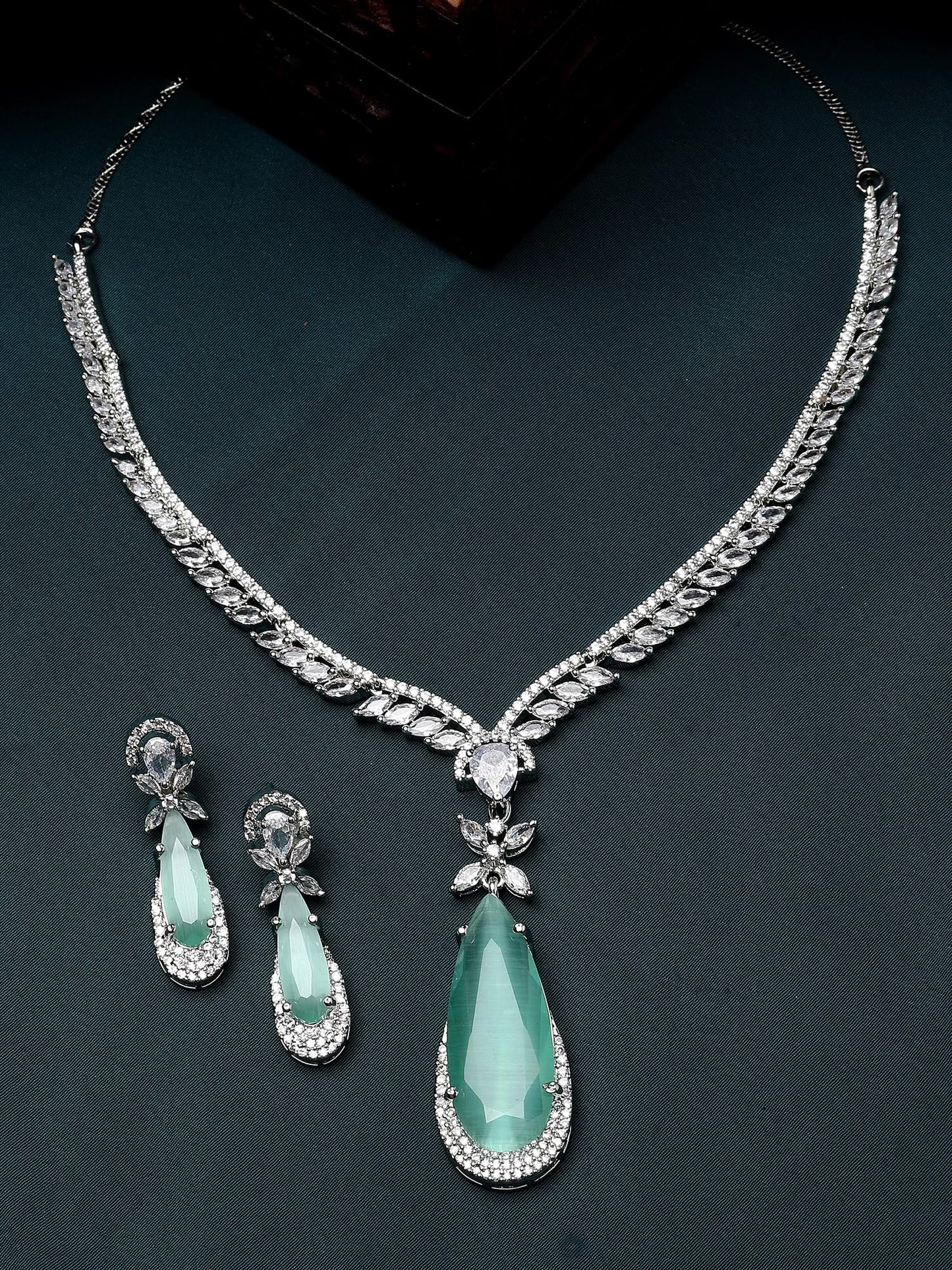 Silver Tone Blue Drop Shape American Diamond Studded Jewellery Set for Women