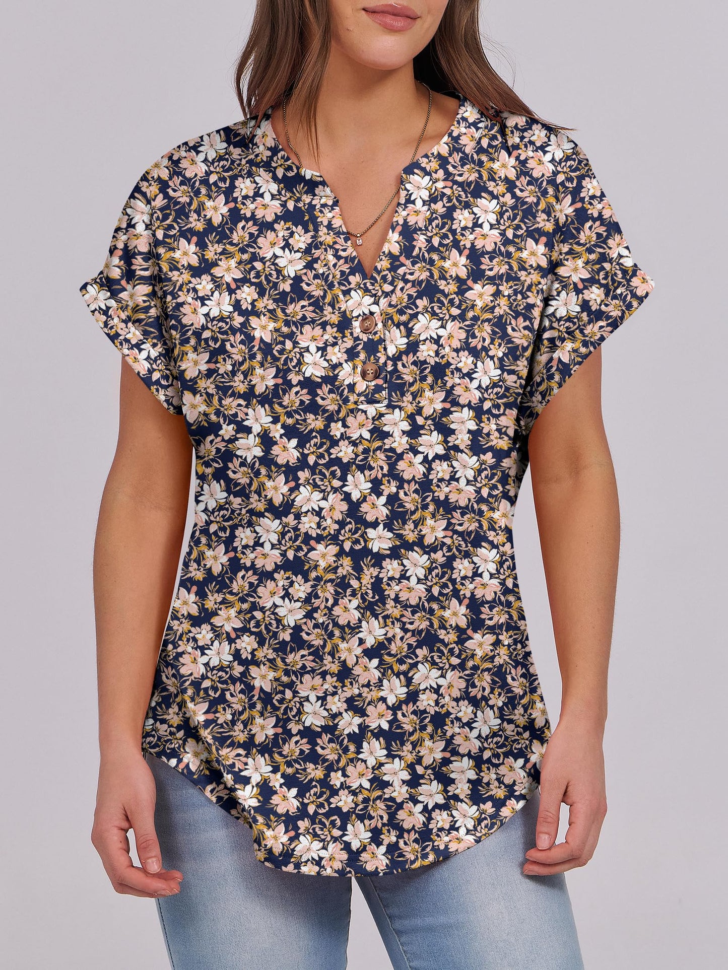 Short Sleeve Henley Tops V Neck Dressy Casual Loose Fit
