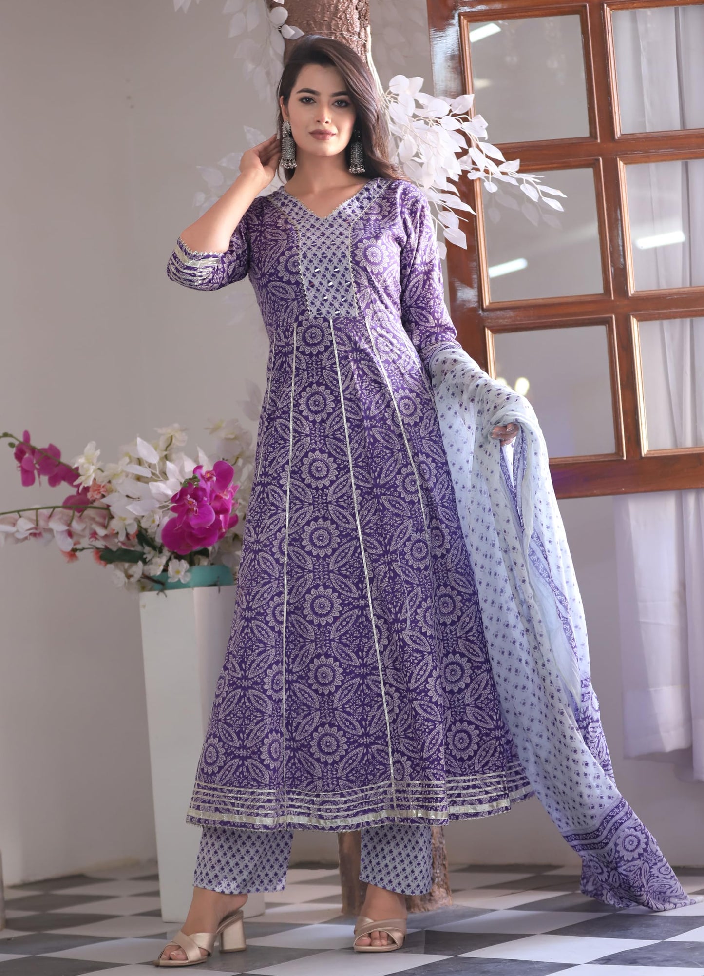 Cotton Anarkali Kurti Pant Set with Dupatta