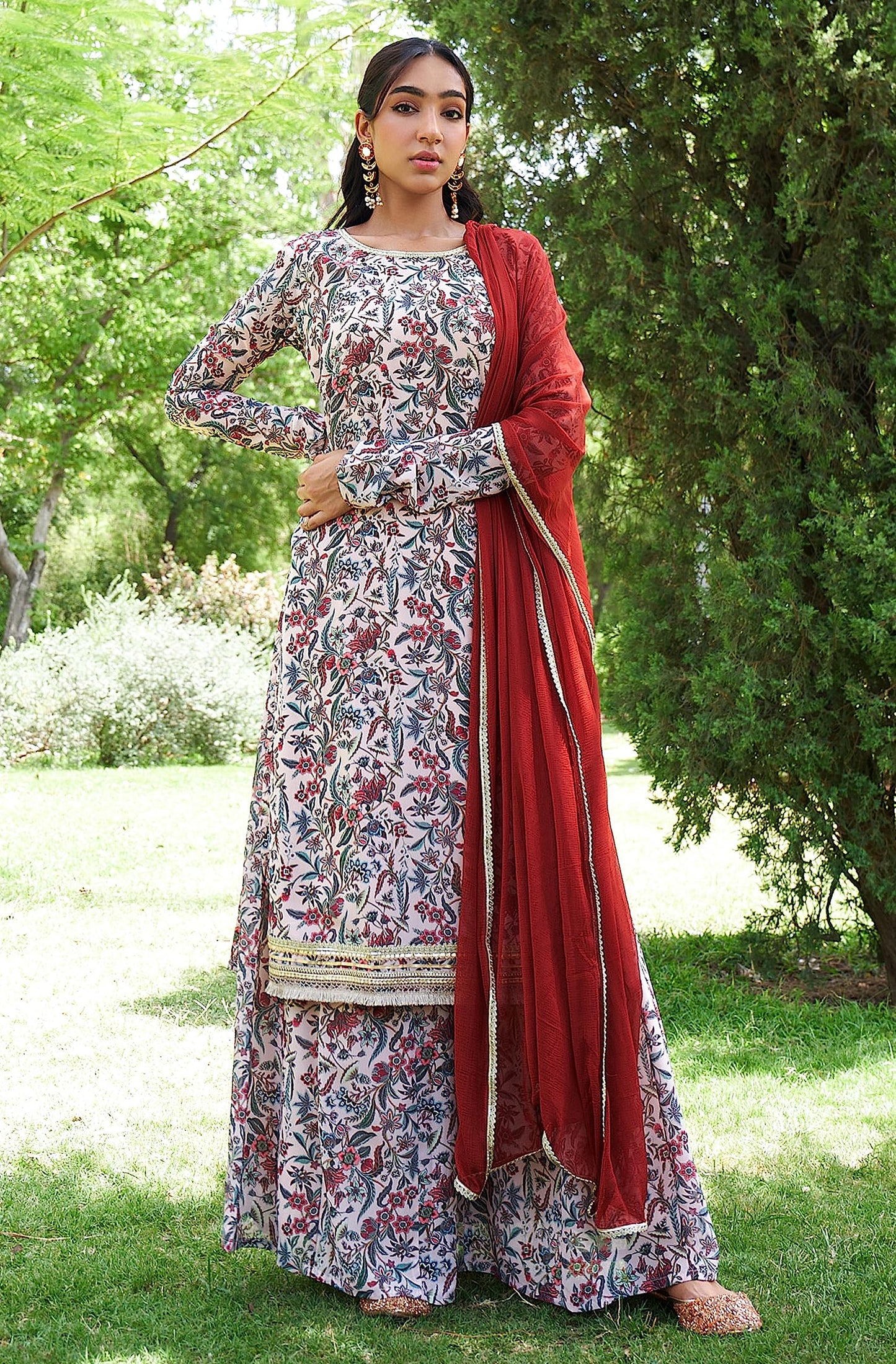 Beige Flowy Digital Print Kurti