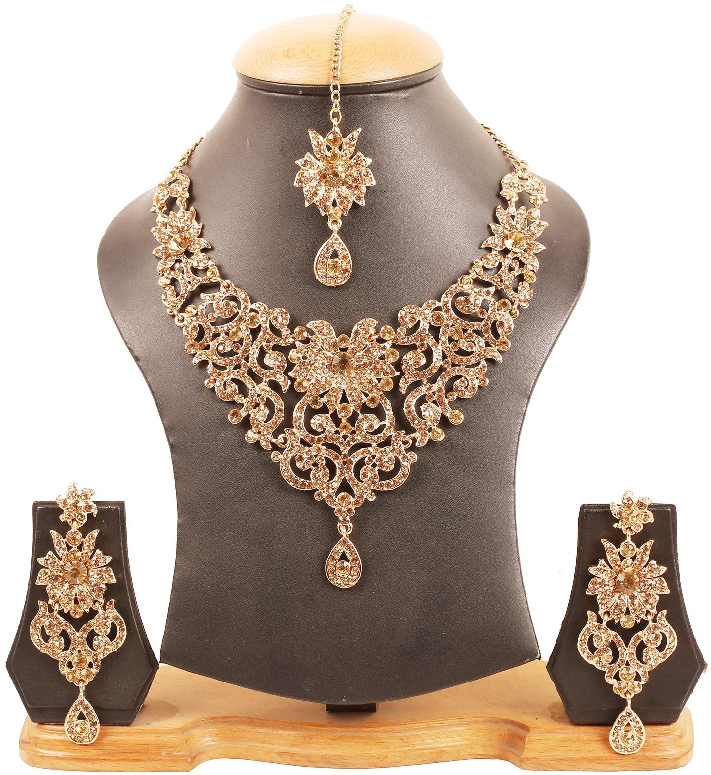 Sparkling Austrian Diamonds Alloy Metal Necklace Set with Maangtika for Women