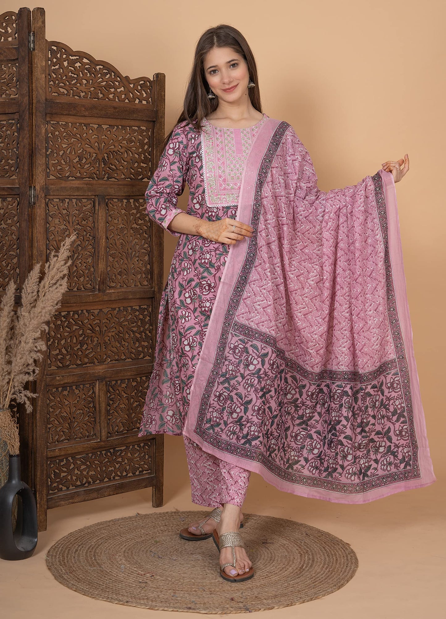Cotton Printed Dark Printed Straight Embroidery Kurta With Palazzo & Dupatta