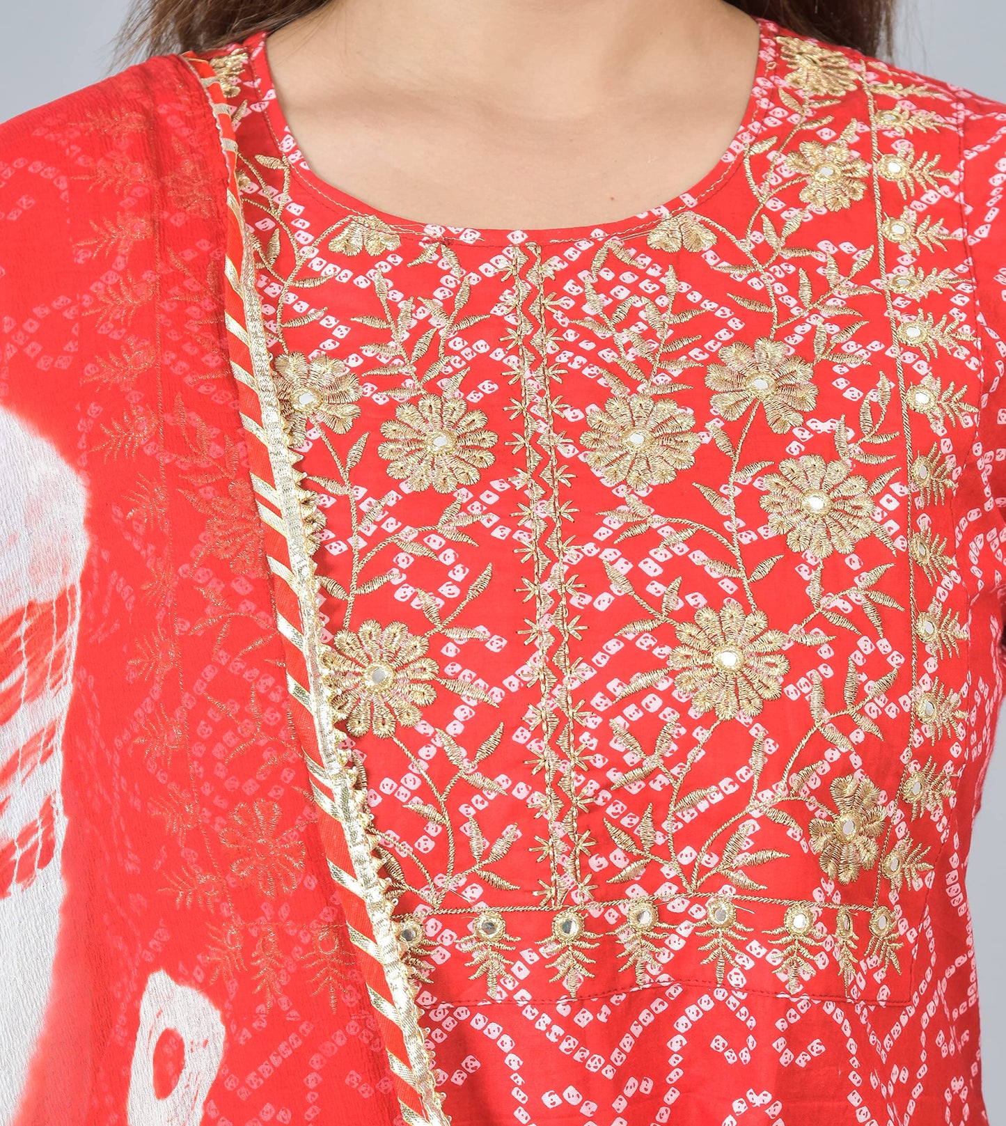 Straight Kurta Set Yoke Embroidery Red Kurti With White Pant and Chiffon Dupatta