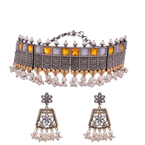 Dual Tone Designer Choker Necklace Earrings Set Oxidised Wedding Yellow Haldi Function Bridal Bollywood Jewellery