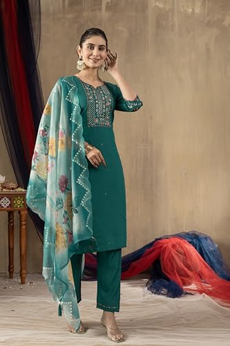 Multi Thread Embroidered Hand Work Women's Designer Kurti and Pant Dupatta Set