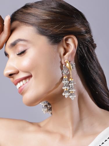 Latest Oxidized Rhodium Plated White Pearl & Birds Design Handcrafted Trendy Multi Jhumka Earrings