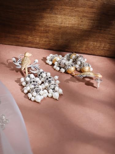 Latest Oxidized Rhodium Plated White Pearl & Birds Design Handcrafted Trendy Multi Jhumka Earrings