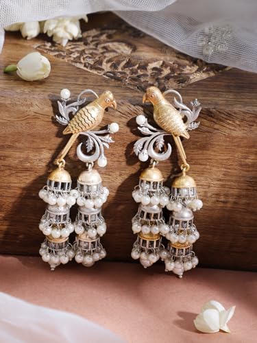 Latest Oxidized Rhodium Plated White Pearl & Birds Design Handcrafted Trendy Multi Jhumka Earrings