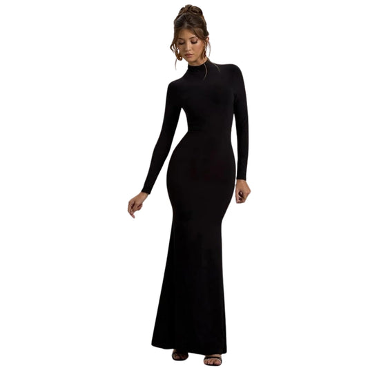 High Neck Full Sleeve Full Length Bodycon Dress for Women Black, Small