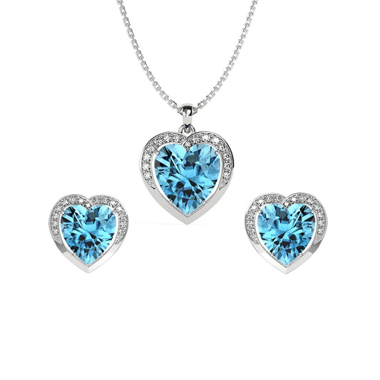 Sterling Silver Sky Blue Heart Pendant Earring Chain Jewellery Set | Rhodium Plated, Swiss Zirconia