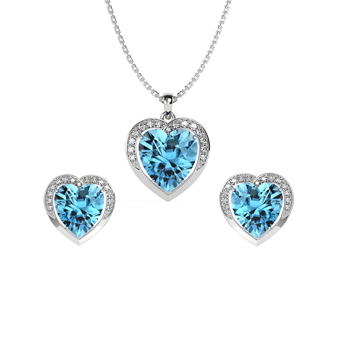 Sterling Silver Sky Blue Heart Pendant Earring Chain Jewellery Set | Rhodium Plated, Swiss Zirconia