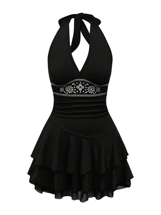 Summer Halter Backless Mini Dress Flowy Sleeveless V Neck Tie Back A Line Western Casual Sun Dresses