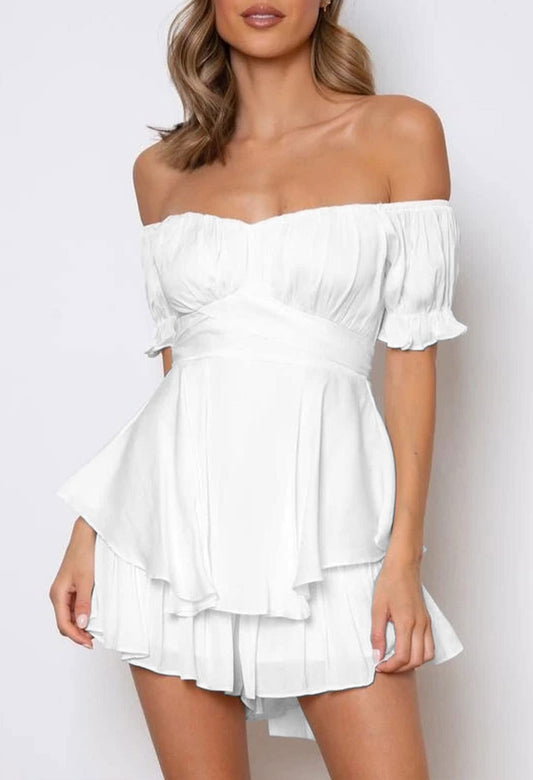 Womens Summer Tube Top Dress Off-Shoulder Ruffled Flowy Mini Short Dresses