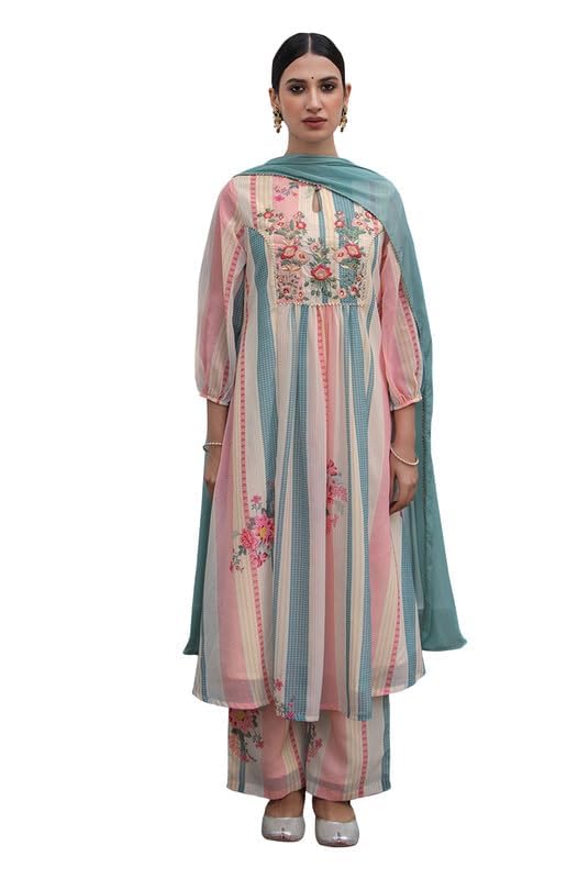 Cream Flowy Embroidered Kurti Festive Wedding wear Kurta Set with Dupatta