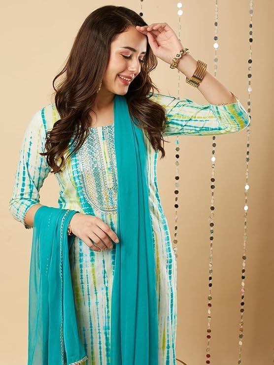 Straight Tie and Diy printed Women Kurta with Pant & Dupatta