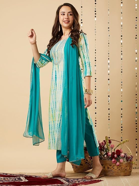 Straight Tie and Diy printed Women Kurta with Pant & Dupatta