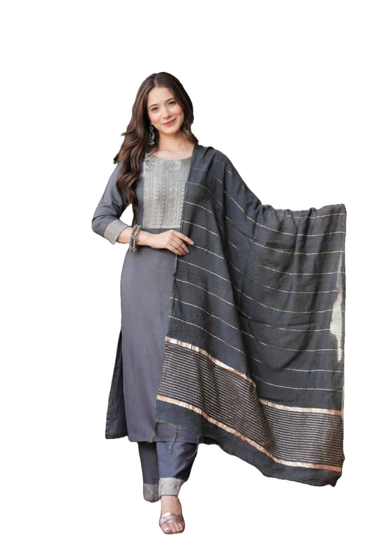 Solid Grey Rayon Kurti-Pajama – Straight Cut with Matching Dupatta
