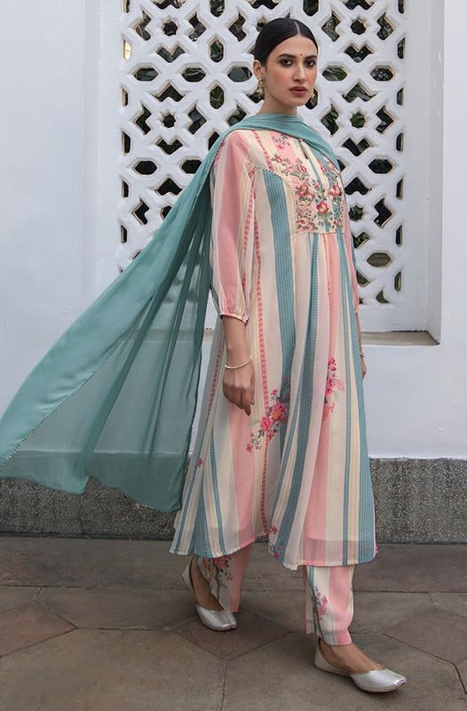 Cream Flowy Embroidered Kurti Festive Wedding wear Kurta Set with Dupatta