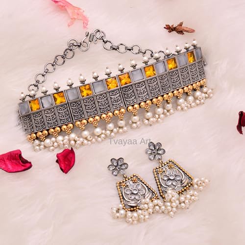 Dual Tone Designer Choker Necklace Earrings Set Oxidised Wedding Yellow Haldi Function Bridal Bollywood Jewellery
