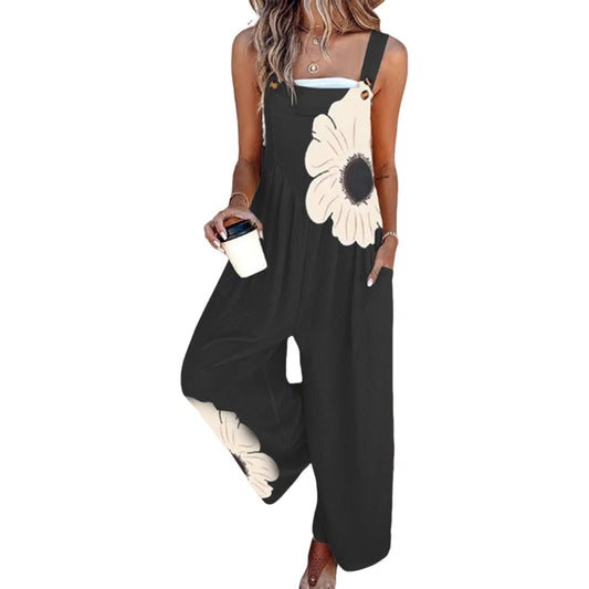 Spring Floral Print Overalls Jumpsuits One Piece Sleeveless Wide Leg Long Pants Rompers with Pockets