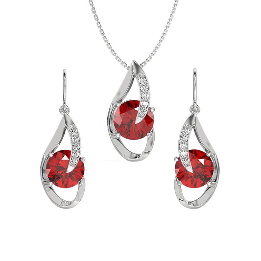 Sterling Silver Blood Red Eye Pendant Earring Chain Jewellery Set | Rhodium Plated, Swiss Zirconia
