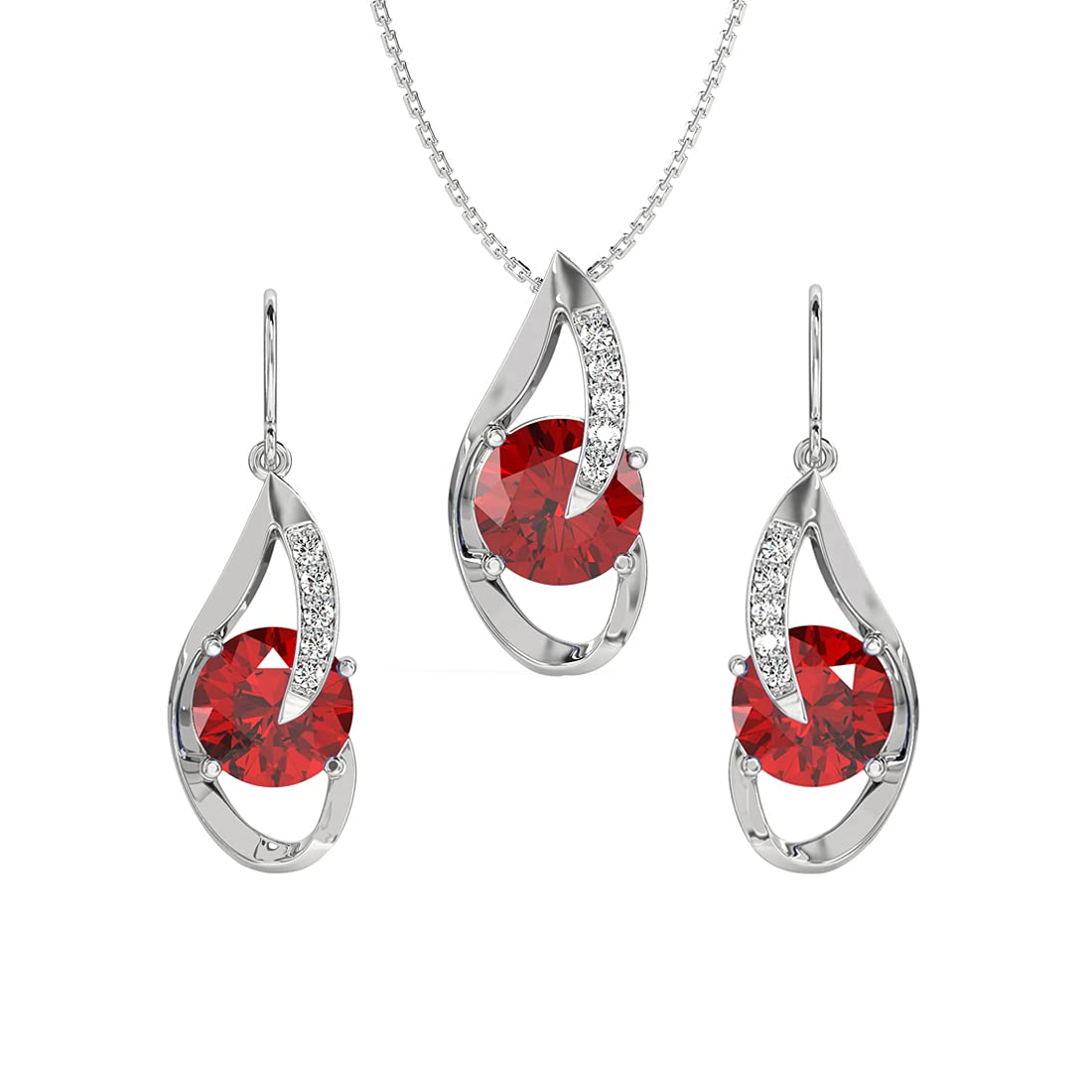Sterling Silver Blood Red Eye Pendant Earring Chain Jewellery Set | Rhodium Plated, Swiss Zirconia