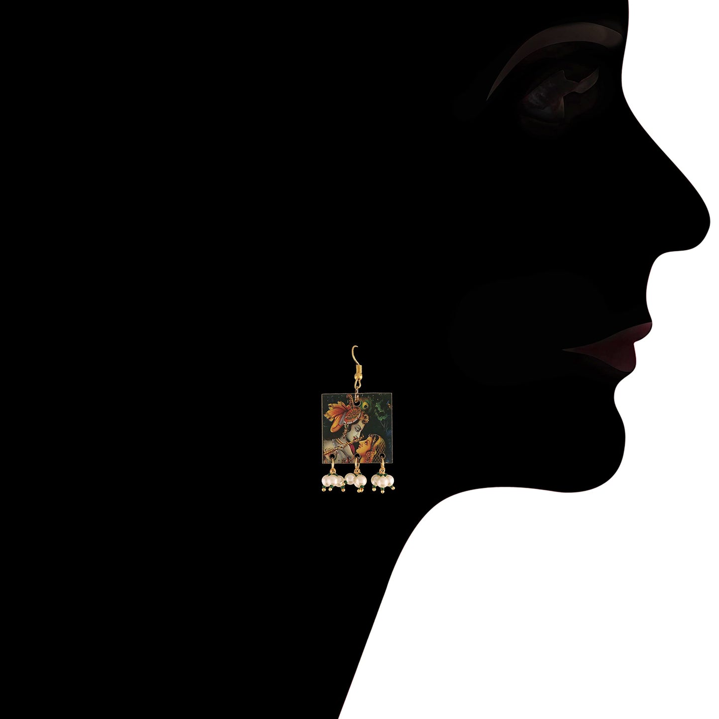 Stylish Navratri Portrait Handpainted Wooden Pearl Necklace Jewellery With Earrings Set