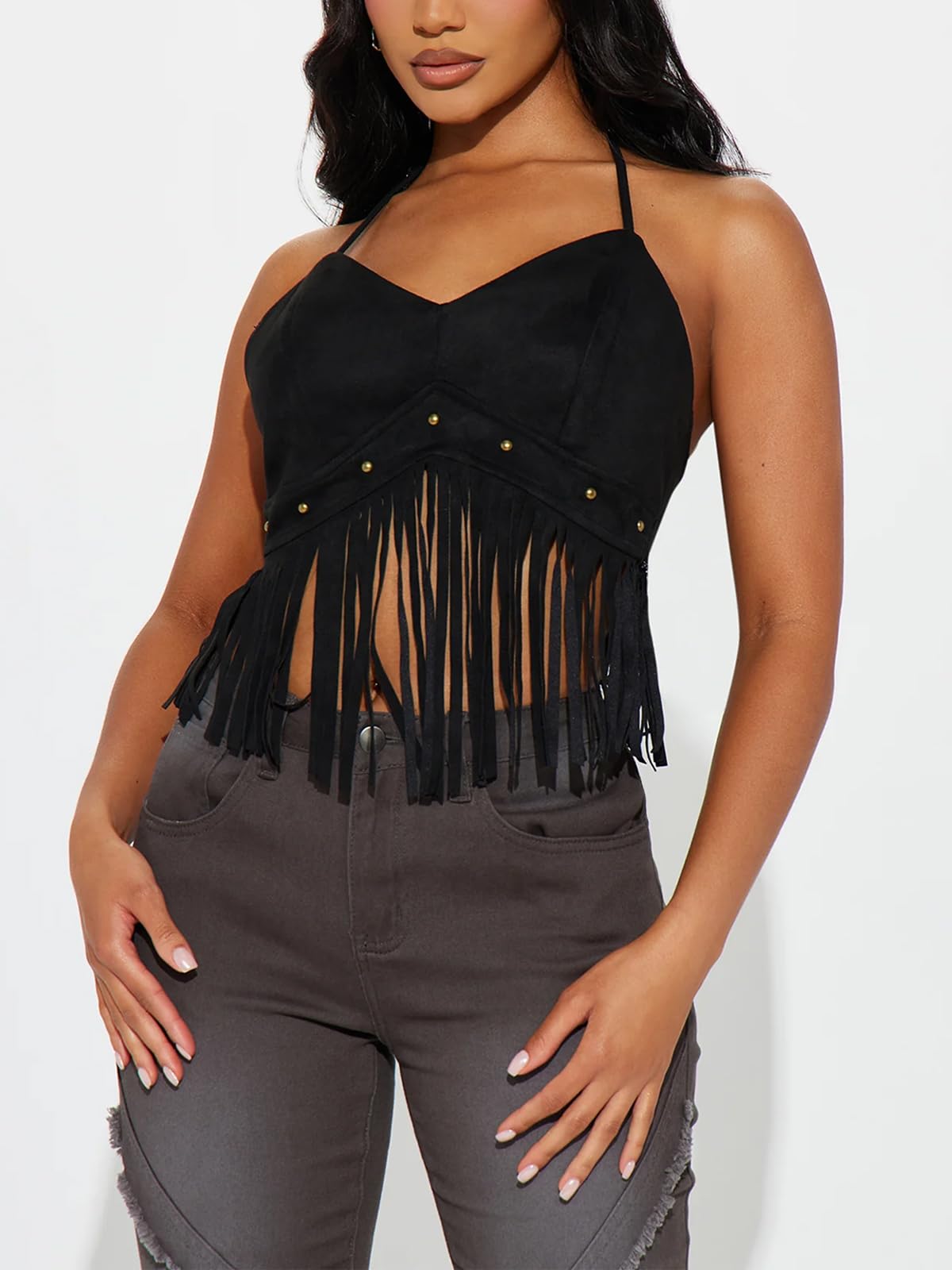 Fringe Western Rodeo Cowgirl Shirts 70s Hippie Tops with Tassel black color
