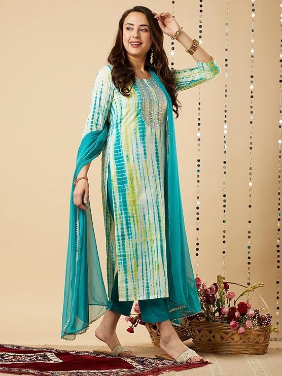 Straight Tie and Diy printed Women Kurta with Pant & Dupatta