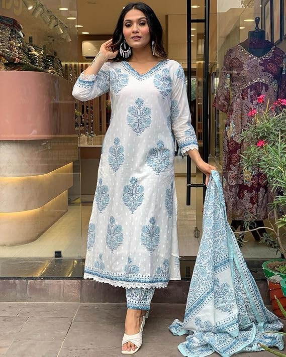 Cotton Indigo Hand Block Printed Kurta Pant With Dupatta
