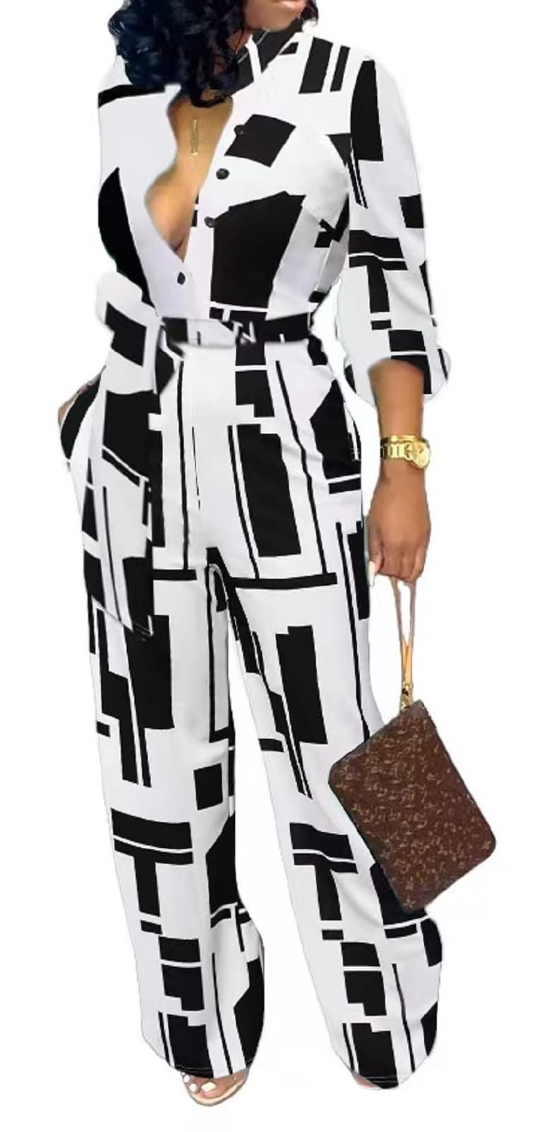 Jumpsuit Elegant Long Sleeve Sexy V Neck Casual Long Wide Leg Pants Button Front Self Tie Romper with Belt