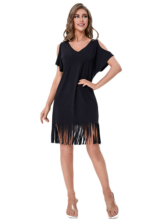 Cold Shoulder V Neck Fringe Hem Straight Dress Without Belt