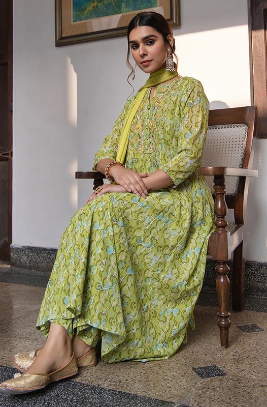 Green Flowy Anarkali Embroidered Kurti Top Tunic Kurta Set with Dupatta